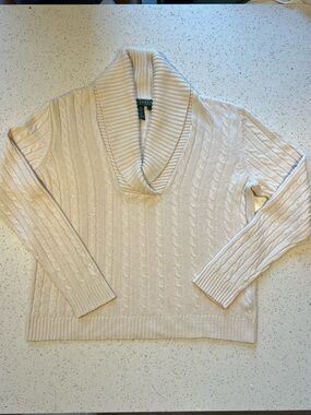 Ralph Lauren Vintage Cream Cable-Knit Shawl Collar Sweater 85% Silk